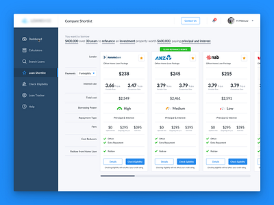 Compare Shortlist compare crm dashboard loan loans brokers table ui user interface