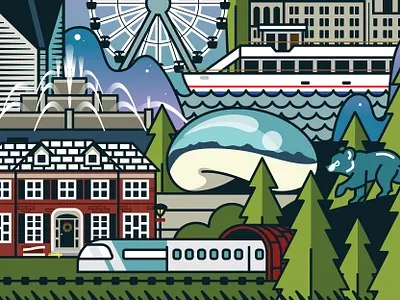 Brady Ortho Wall Graphc amtrak bahai temple buckingham fountain chicago chicago cubs cubs ferris wheel grosse point lighthouse home alone illinois illustration mural northwestern memorial hospital stone container building the bean willis tower