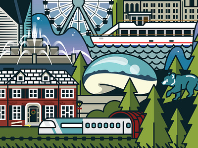 Brady Ortho Wall Graphc amtrak bahai temple buckingham fountain chicago chicago cubs cubs ferris wheel grosse point lighthouse home alone illinois illustration mural northwestern memorial hospital stone container building the bean willis tower