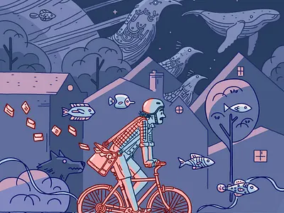 Dream Delivery - i2i Art Inc. - ©Hayden Maynard bicycle conceptual dream editorial fantasy hayden maynard i2i art illustration illustrator man mythical nighttime stranger the transportation travel unique
