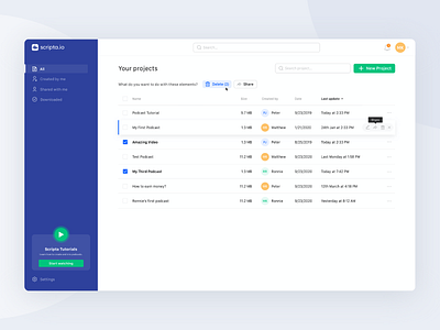 Scripta: Managing Podcasts Dashboard audio b2b dashboad data editor music music player podcast podcasts product design saas saas app sound timeline transcribe ui ux user interface web application web platform