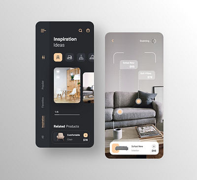 Furniture Shop App adobe xd ar black dark mode design figma furniture interior minimal mobile app prototype shopping app sketch ui uidesign userinterface ux uxdesign vr web