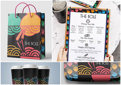 The Bole - A Pan-Asian Noodle Restaurant branding bright color pallette colorful contrast design graphic designing illustration illustrator menu design packaging packaging mockup restaurant branding restaurant menu type typography