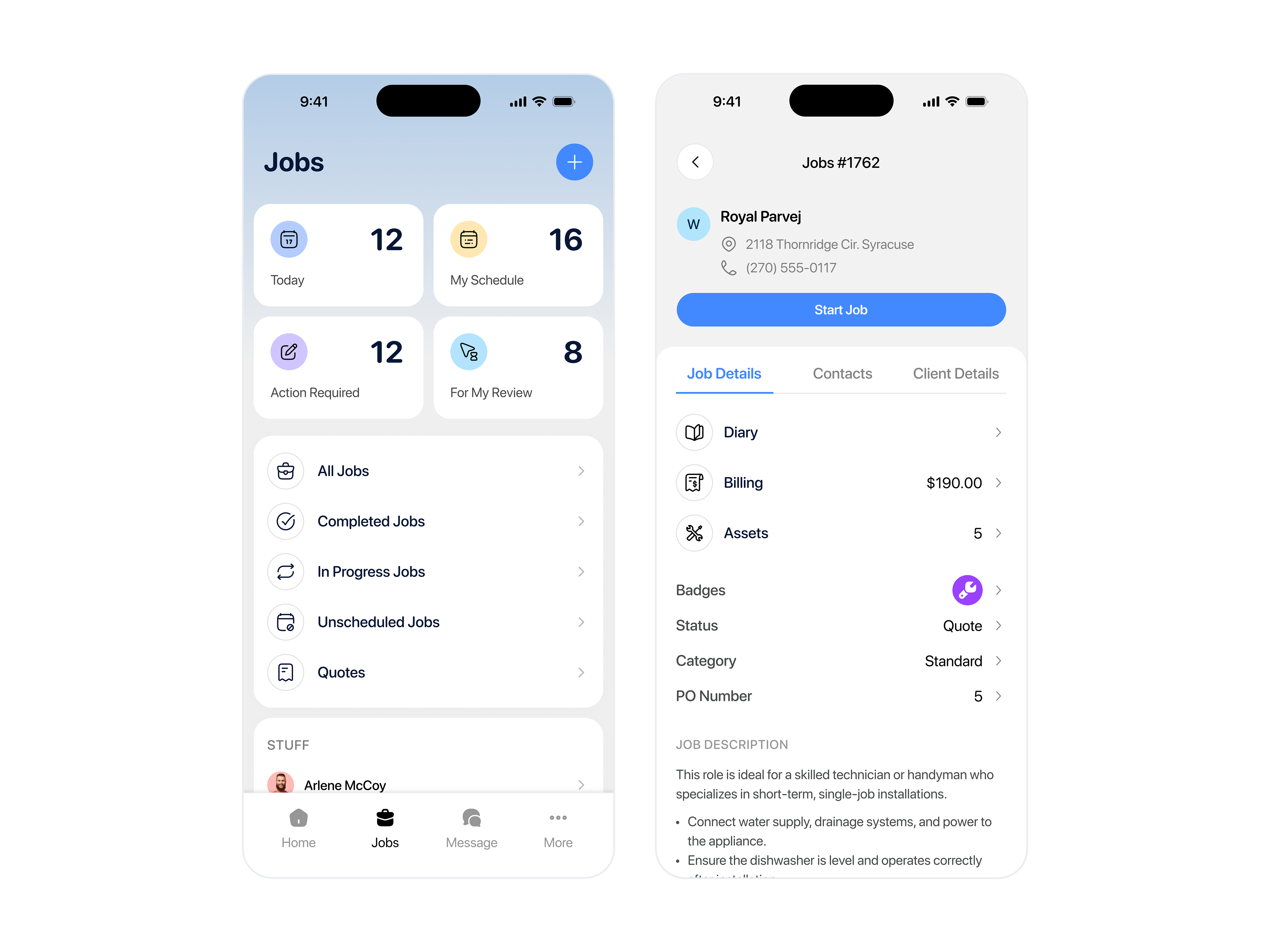 Field Job Sass Mobile App app app ui clean ui construction dashboard employee field job invoice job job details job ui management mobile app product design roofing saas saas mobile app ui design work order