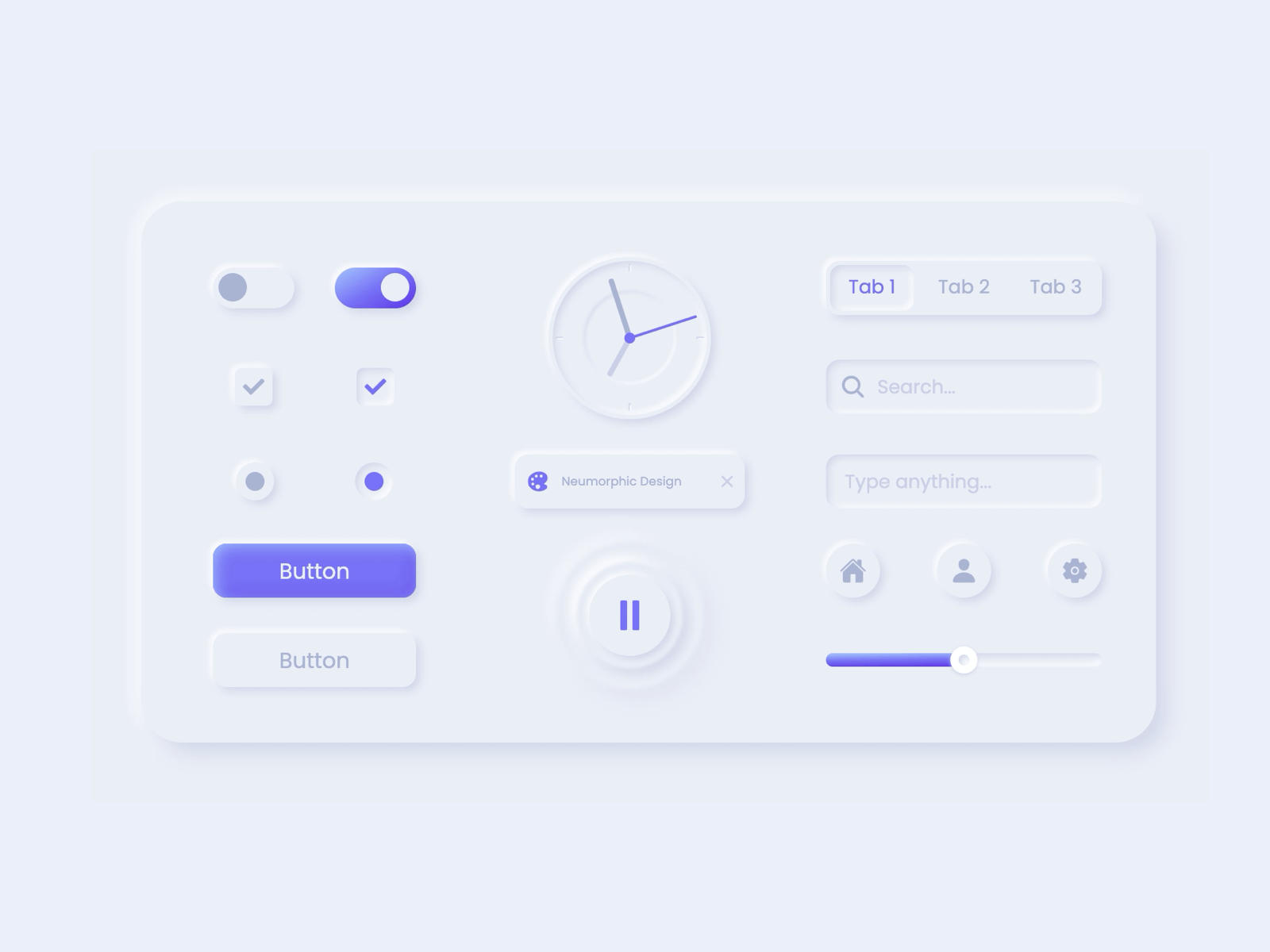 Neumorphic Components button checkbox chip clock codepen component design icons neumorphic neumorphism play player purple radio search segmented control slider switch