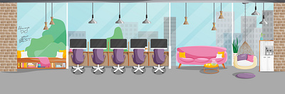 Co-working space interior in cartoon flat style background cartoon co working concept coworking space design flat flat design furniture illustration interior loft style networking technology vector workspace