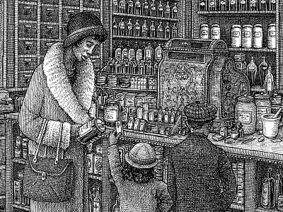 Apothecary art artist artwork black and white characters crosshatching drawing illustration ink texture