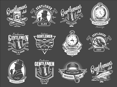 Gentlemen Vector Emblems adobe illustrator branding design gentleman gentlemen graphic design illustration men monochrome old style smoking vector vector design vintage whiskey