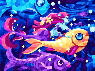 Good company blue sea coloring book cute fish dream fairy fairytale fish gallery game illustration girl goldfish illustration mermaid ocean life sea underwater vector vector illustration