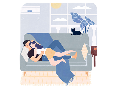 Lovers-Daily life boy girl cat sofa blue