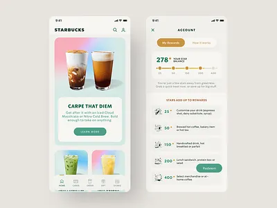 Starbucks - UX/UI Redesign app appdesign coffee design digital drinks ecommerce food invitation mobile mobile ui navigation reward starbucks tabs ui uidesign ux