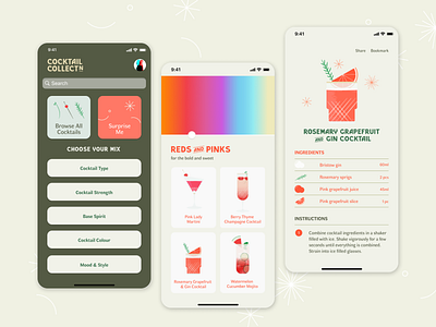 Cocktail Collection app cocktail concept app design illustration recipe ui vector