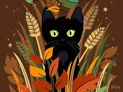 Spritely autumn black cat cat fall illustration kitty leaves night windy