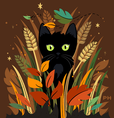 Spritely autumn black cat cat fall illustration kitty leaves night windy