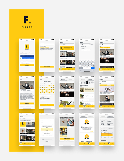 Fitted App UI dark blue excercise exercising fit fitness app iconography information architecture typogaphy ui wireframe yellow