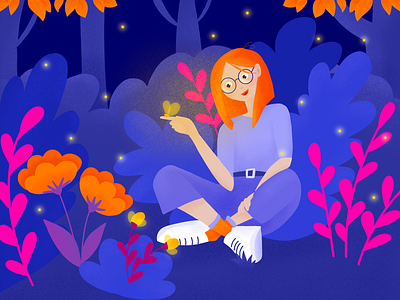 Enjoy the Nature | Illustration bright colors bulgaria bulgarian butterfly character character design dark fireflies forest girl glasses illustration millenial nature night orange procreate purple ui illustration vr