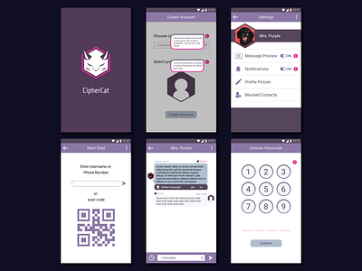 CipherCat application screens branding design mobile typography ui ux vector