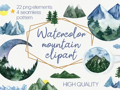 Mountain watercolor collection blue clipart coniferous design fir tree hand drawn illustration landscape mountain nature rock trendy design watercolor