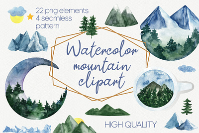 Mountain watercolor collection blue clipart coniferous design fir tree hand drawn illustration landscape mountain nature rock trendy design watercolor