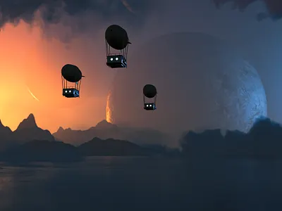 Lil Air Ships 3d airship blimp c4d moon mountain octane octanerender planet render ship silhoutte