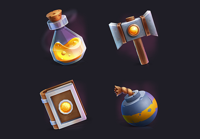 Casual game's icon set ancient bomb book bottle design game game art games glass hammer icon set iron items liquid potion tools wood yellow