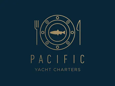 Pacific Yacht Charters Logo branding and identity branding design charters chefs food fork gold gourmet knives logo luxury plate salcmon vancouver yacht