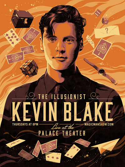 The Illusionist Kevin Blake Poster illusion illusionist illustration magic magician mystical playing cards rubix cube watch