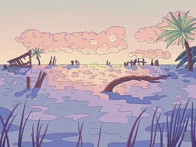 a futuristic natural world 2 dystopian fantasy fantasy world future futuristic illustration nature ocean palms shipwreck sunset warm
