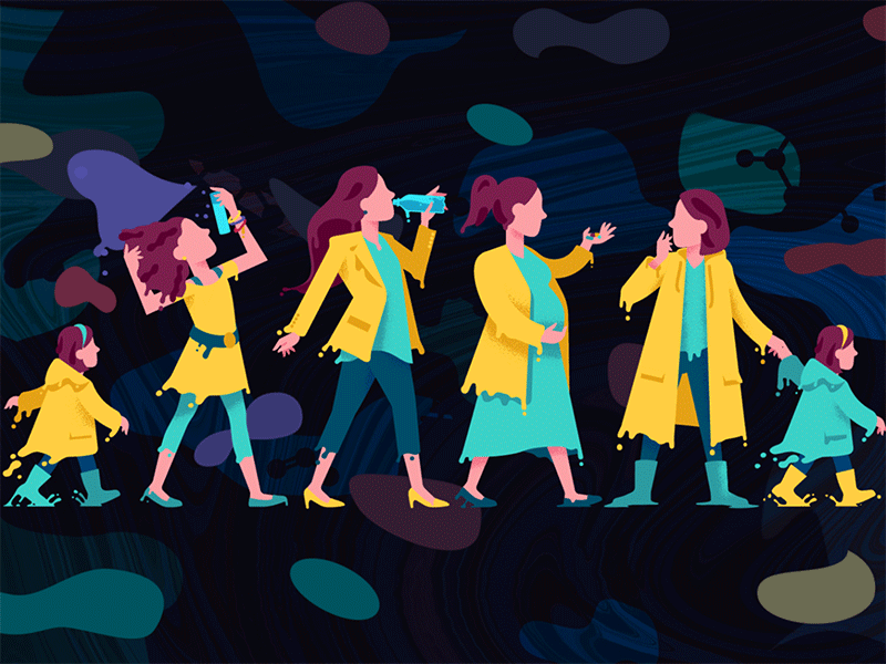 Tracking a Lifetime of Exposure animation art direction blobs bpa chemicals editorial editorial illustration gif girl health illustration magazine molecule ooze plastic raincoat science water bottle woman