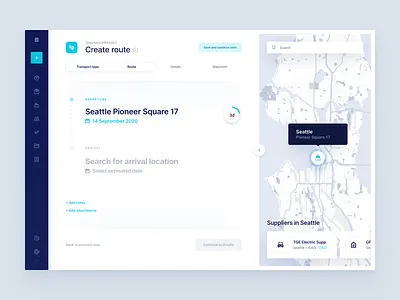 Logicsols - Shipment RFQ arrival cargo creator delivery departure details finder graph location logistics map menu navigation overview request route shipment steps supply chain transport