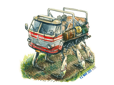 Walker based on old bus by Lviv Autobus Plant (ЛАЗ) book illustration bus character character design characterdesign concept art conceptart drawing editorial illustration gamedev hand drawn illustration ink march of robots marchofrobots robot walker watercolor