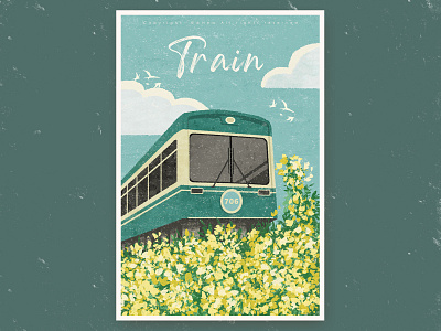 train birds clouds flowers grass illustration outdoor retro sky train vintage