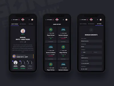 Gone Streakin: Profile mobile account bet bet game betting cards dark fantasy sports form gambling design inputs invite profile progress settings user
