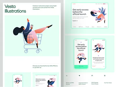 Vesta Illustrations 404 animalcare blue business contrast education flat gradient illustration party pink science sport vector violet workflow