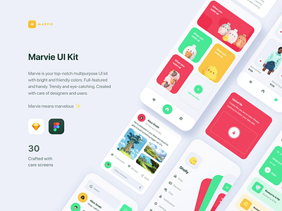 Marvie iOS App UI Kit animation app clean colorful concept design minimal mobile mobile design typography ui ui kit ui8 video