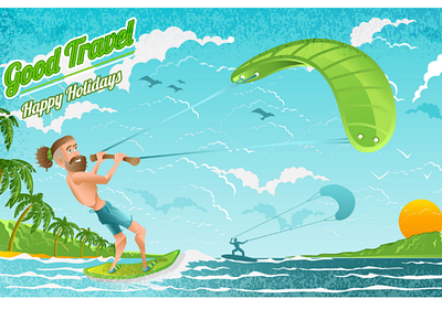 Kitesurfer, kiteboarding character art beard man character illustration kite kiteboard kiteboarding kitesurfer kitesurfing man ocean paradise poster travel vector vocation