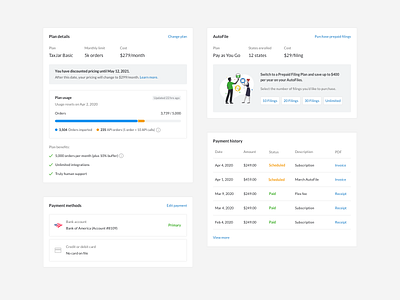 Billing Components (Iteration 2) app billing clean flat minimal payment payment history payment method plan usage sketch software ui usage ux web