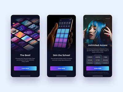 Beat Maker - Mobile app. Onboarding & Subscriptions screens app beatmaker branding illustration ios mobile music ui ui design