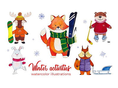 Winter activities watercolor set animal art hokey illustration skiing snowboarding sport sports watercolor winter