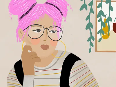 Judging face illustration girl glasses illustration illustrationart overalls pink hair plants