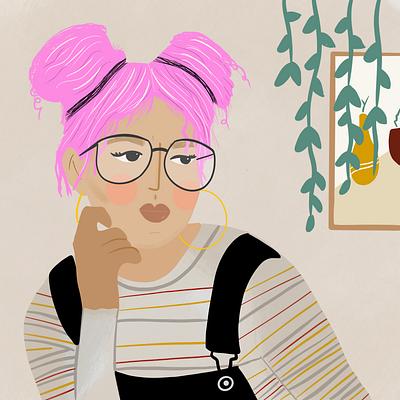 Judging face illustration girl glasses illustration illustrationart overalls pink hair plants