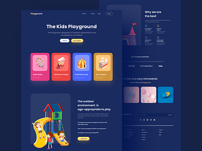 The Playground Landing Page Dark card design cards color crypto dark dark theme entertainment illustration kids kids illustration landing landing page modern park play playground service theme park web website