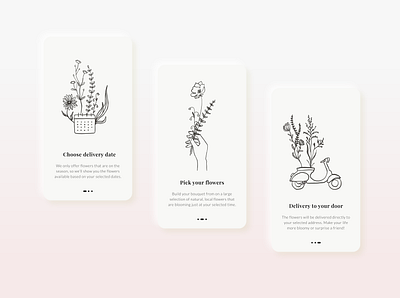 Seasonal flower app onboarding adobe app calendar concept drawing flat flower flowers illustration line minimal mobile nature neomorphism pagination ui