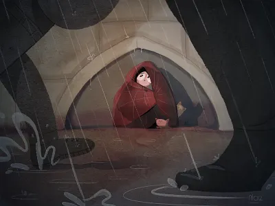 Lonely... afraid cat character design child fence homeless illustration lonely rain reflection sad scared stone storm street texture wall water