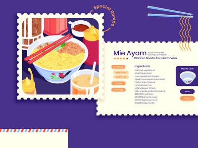 Mie Ayam Spesial Bakso Dua beverage exploration food food and drink food illustration foodie ice tea illustration isometric lunch meal menu noodle postcard recipe recipe card stamp vector vintage