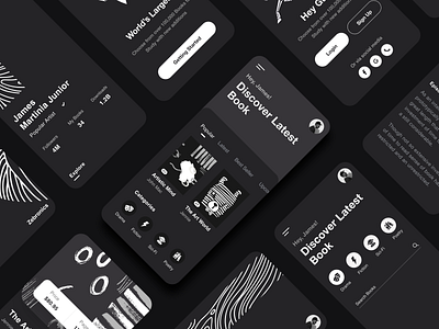 Mobile App UI Rebound app ui black book app branding clean dark app ios login night mode pattern product design profile reading rebound search typography ui ui ux ux zebra