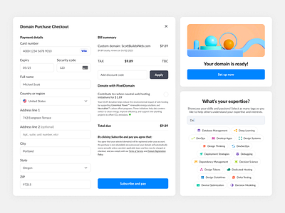 PixelDomain — Сreate Your Perfect Domain with Ease accessibility checkout domain expertise forms inputs payment productdesign secure subscription summary tags ui ux