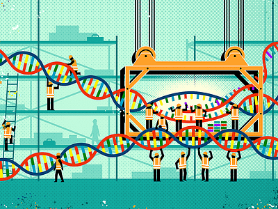 Gene Transcription art direction construction crane dna editorial editorial illustration halftone hardhat illustration ppe rna scaffold scaffolding science