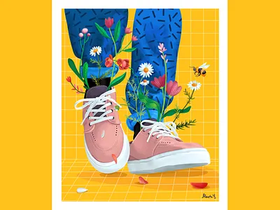Spring in my step bee bloom color flowers green greens hipster illustration leaves life pattern plants sneakers spring steps style time walk yellow youth