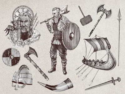 Vikings - set of illustrations art axe drakkar drawing hammer helmet horn illustration illustrator realistic ship spear vikings weapons
